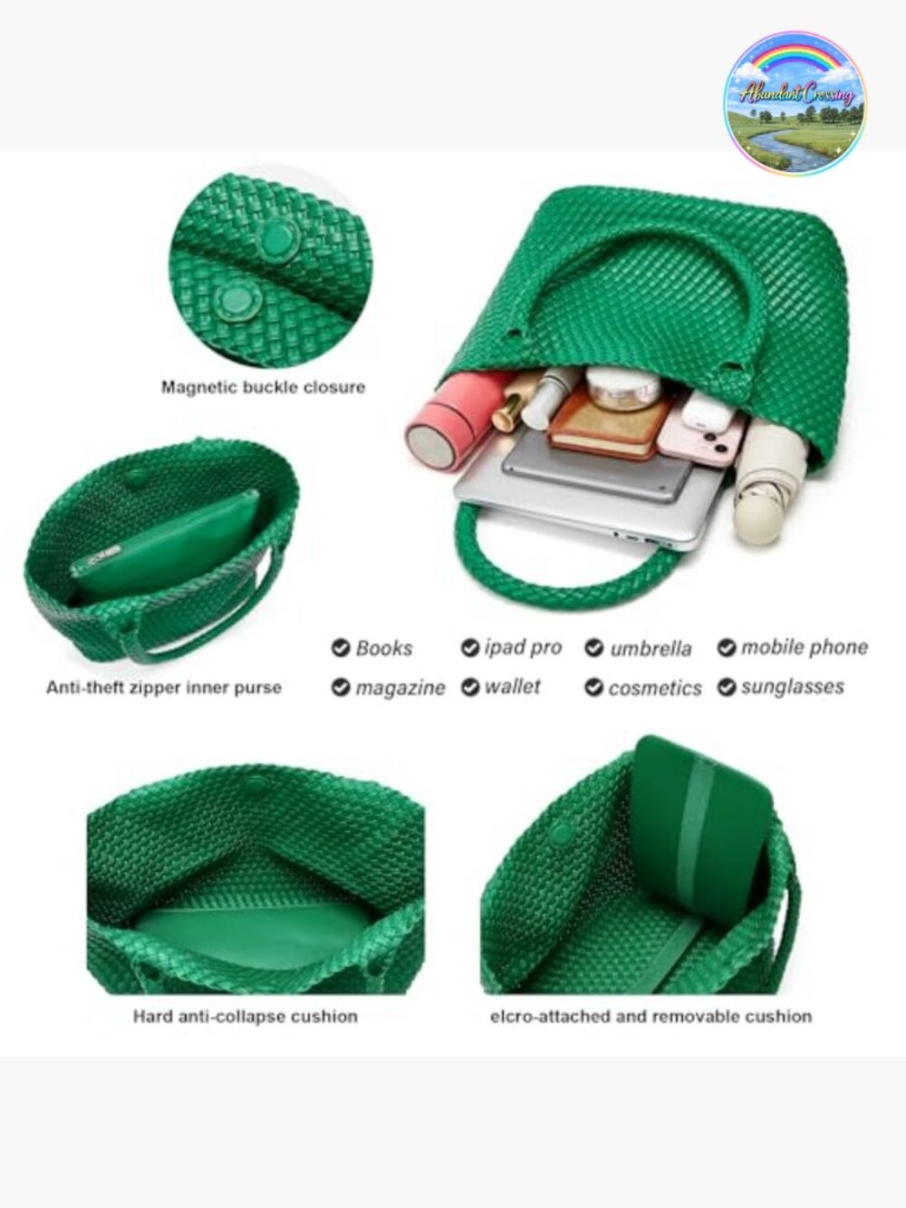 Vegan Leather Woven Tote Bag with Detachable Zipper Clutch - Picture 4 of 7
